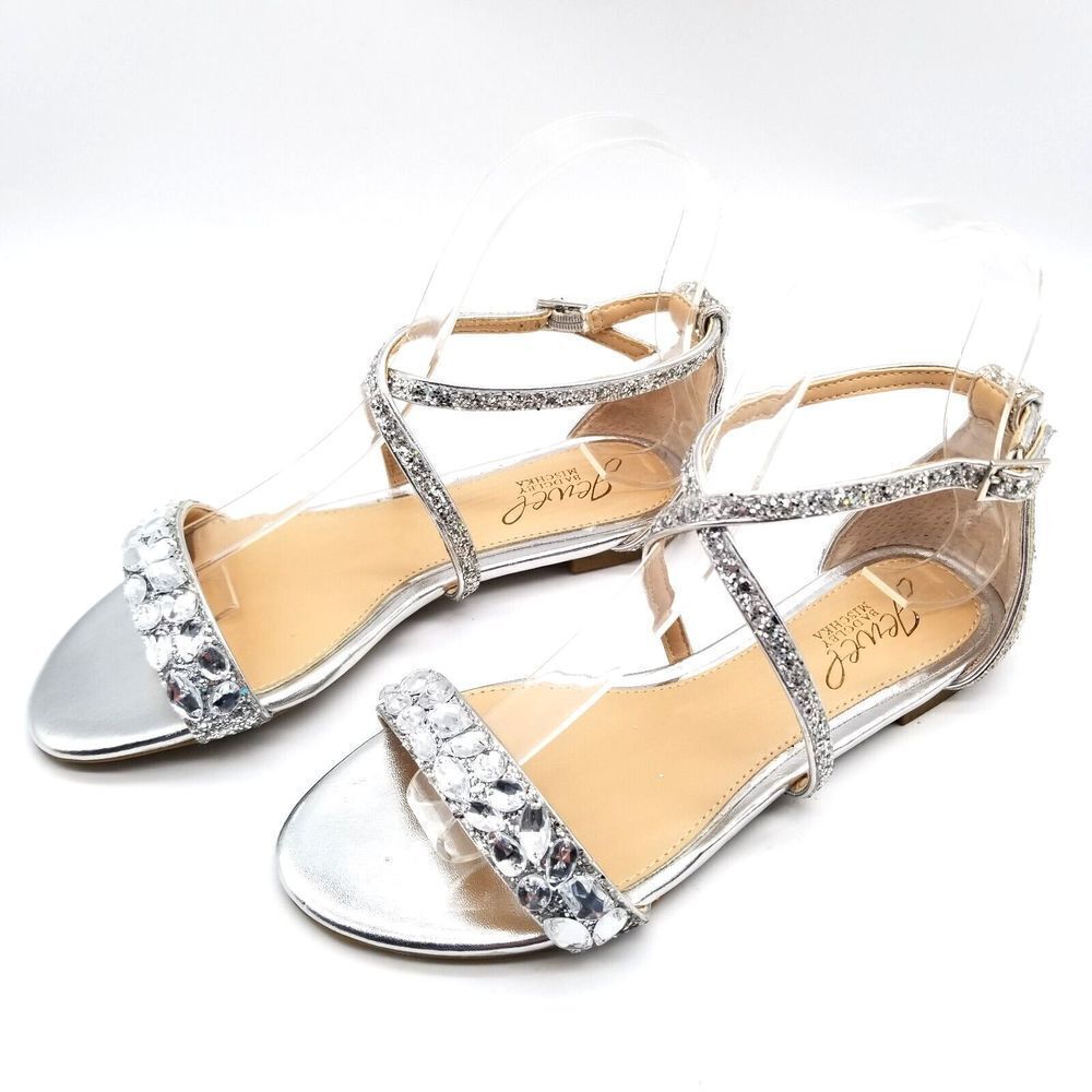 Jewel Badgley Mischka Women Osome Embellished Flat Sandals‎ Size 6 Silver